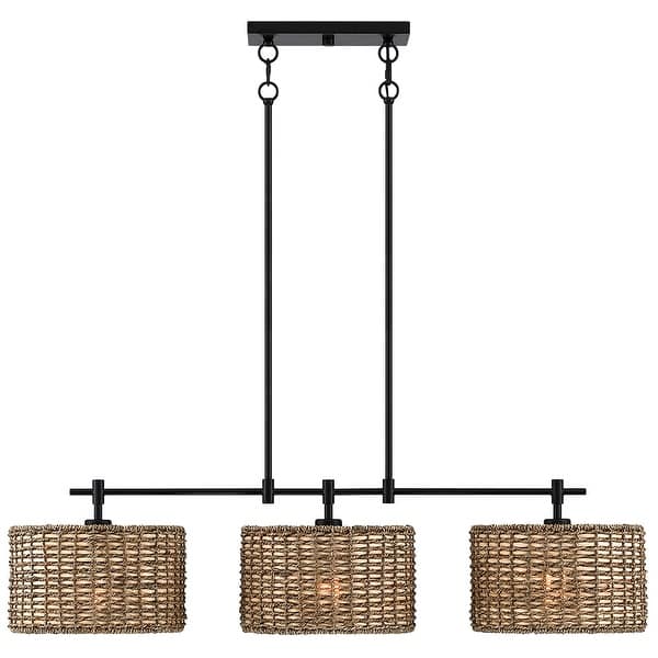 Sedgy 3Light Black Farmhouse Rattan Island Light Linear Chandelier